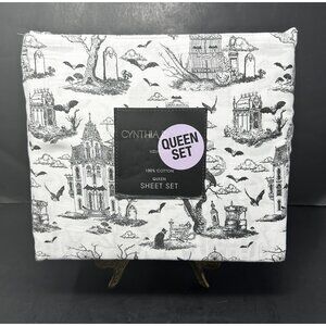 CYNTHIA ROWLEY QUEEN SHEET SET Halloween Toile Haunted House Cemetery Bats NEW